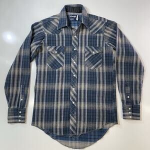 VTG Wrangler Men's Cowboy Cut X-Long Tails Blue Plaid Pearl Snap Shirt Sz M 15.5